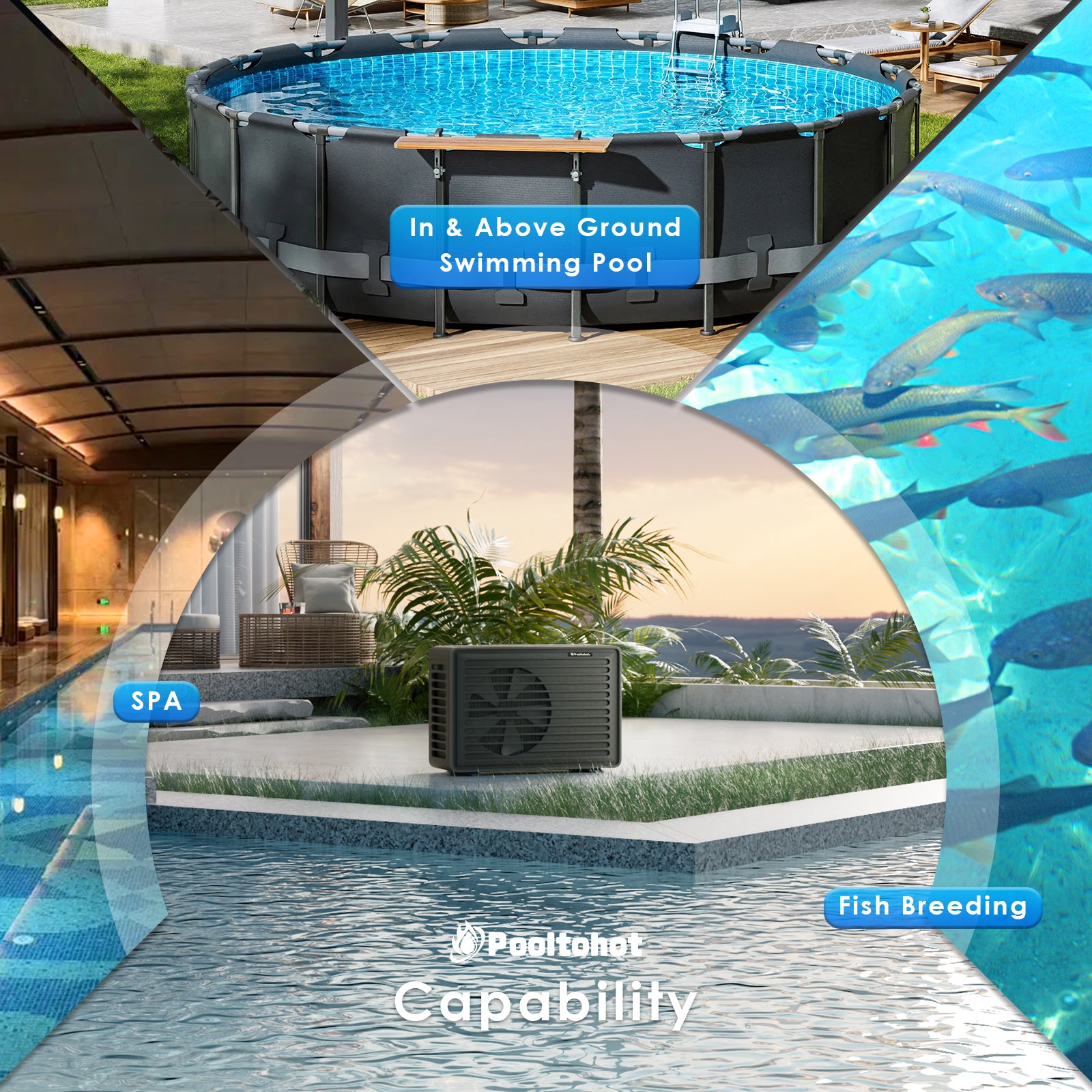 POOLTOHOT 37,000 BTU Inverter Swimming Pool Heat Pump, Electric Pool Heater for Above Ground Pools, Inground Pools & Spas up to 9,000 Gallons, Smart WiFi Control, IPX4 Waterproof, 220V