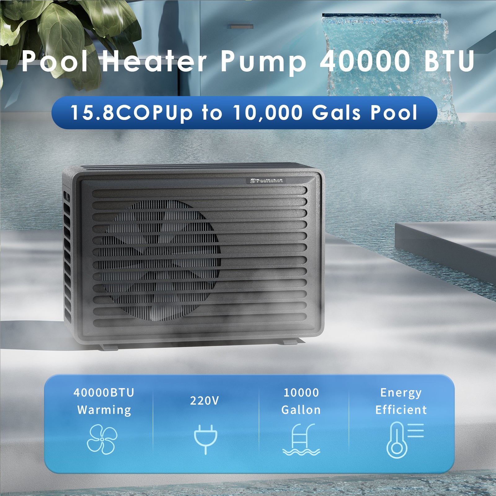 POOLTOHOT 40,000 BTU Inverter Swimming Pool Heat Pump, 70% Energy Saving Electric Pool Heater for Above Ground & Inground Pools up to 10,000 Gallons, Smart WiFi Control, IPX4 Waterproof, 220V