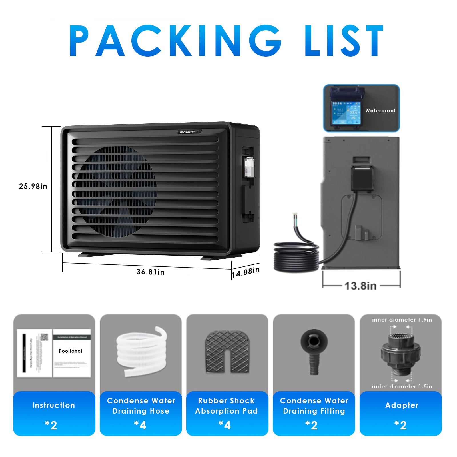 POOLTOHOT 58,000 BTU Inverter Swimming Pool Heat Pump, Electric Pool Heater for Above Ground & Inground Pools up to 18,000 Gallons, Smart WiFi Control, IPX4 Waterproof, 220V